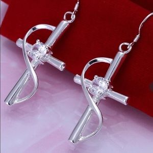 Silver Cross Earrings with Clear Stone